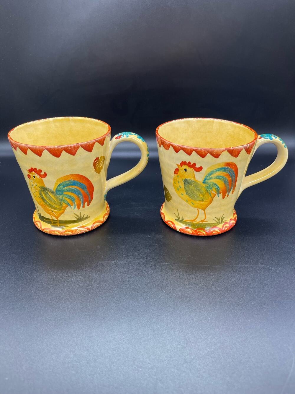 Vintage Italica ARS Pottery Set of 2 Mugs Cups Hand Painted Rooster Italy